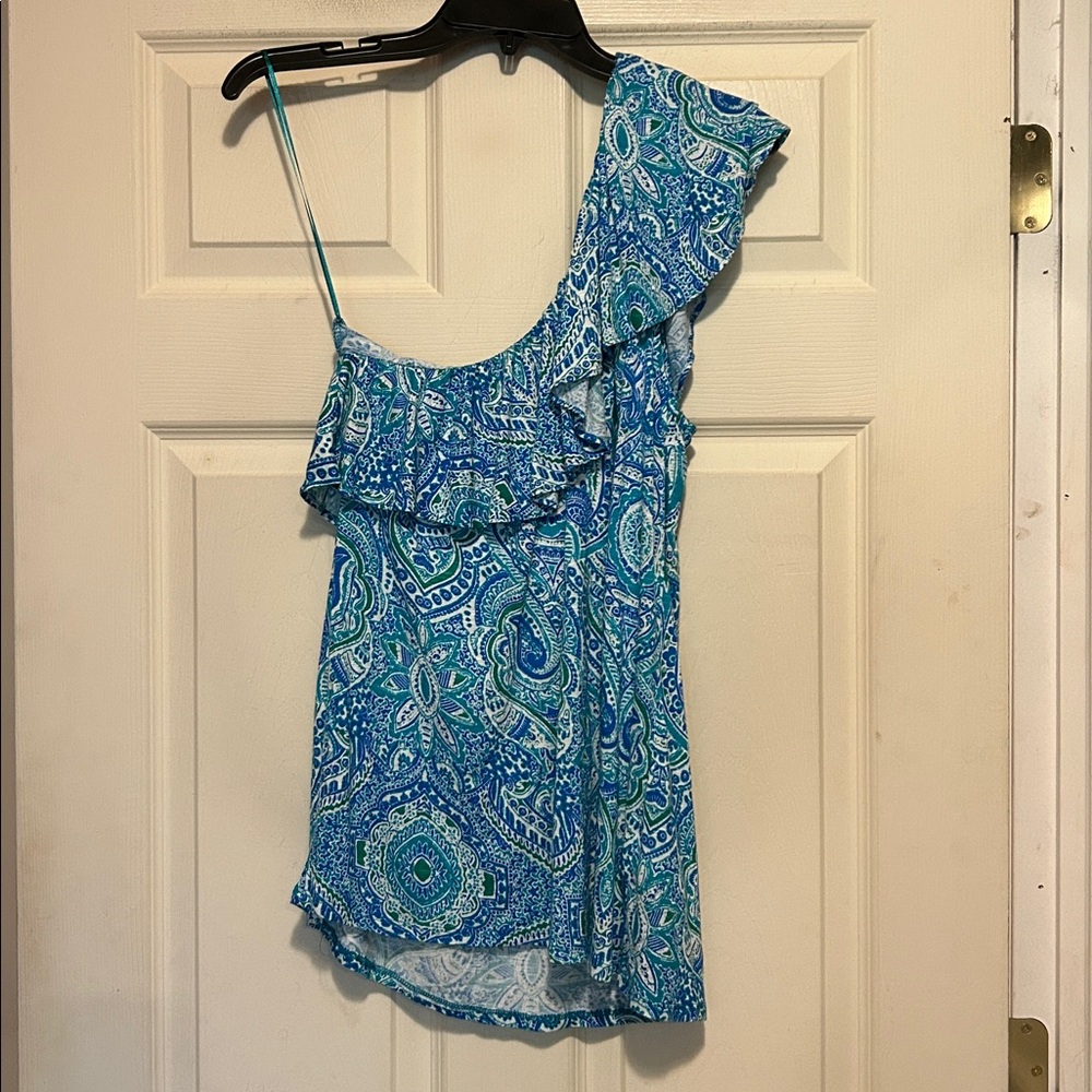 RXB One Shoulder Top Size Large Blue Green Ruffle